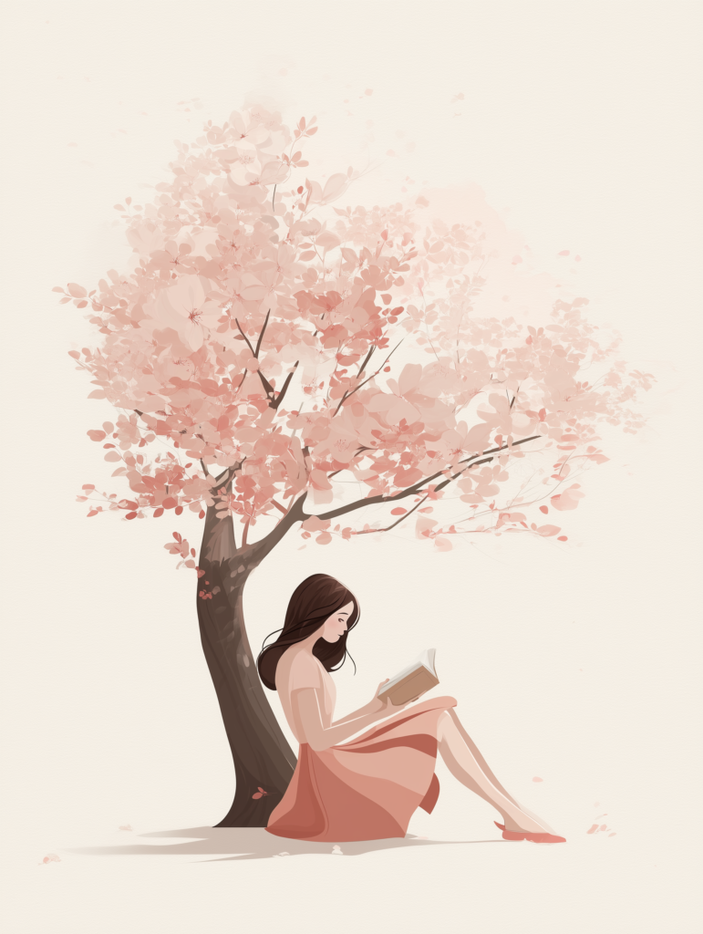 Illustration d’une femme qui lit à l’ombre d’un arbre aux fleurs roses